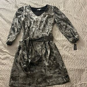 BAR III Womens Silver Stretch Pouf Sleeve V Neck Mini Evening Shift Dress